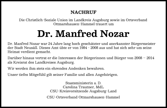 Traueranzeige von Manfred Nozar von Augsburg-Land