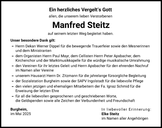 Traueranzeige von Manfred Steitz von Donauwörther Zeitung, Neuburger Rundschau