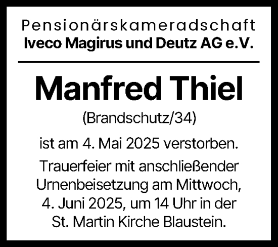 Traueranzeige von Manfred Thiel von Neu-Ulmer Zeitung, Günzburger Zeitung, Illertisser Zeitung
