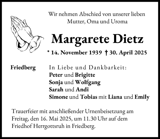Traueranzeige von Margarete Dietz von Friedberger Allgemeine