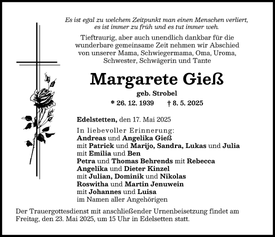 Traueranzeige von Margarete Gieß von Mittelschwäbische Nachrichten