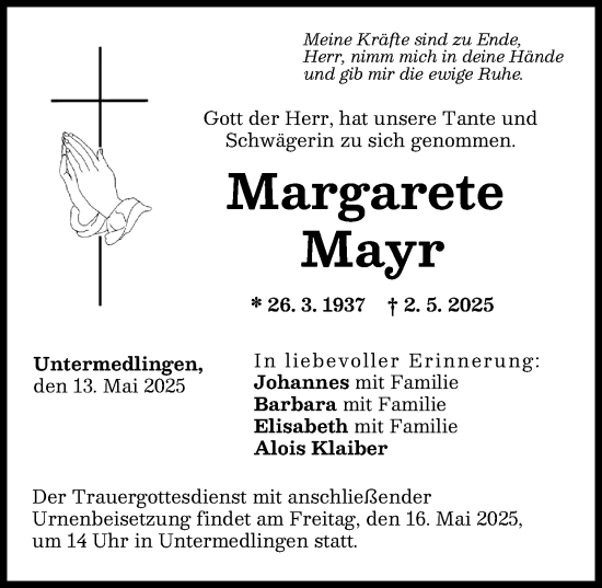 Traueranzeige von Margarete Mayr von Donau Zeitung