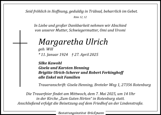 Traueranzeige von Margaretha Ulrich von Mindelheimer Zeitung