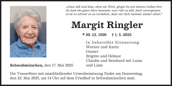 Traueranzeige von Margit Ringler von Schwabmünchner Allgemeine