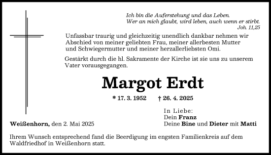 Traueranzeige von Margot Erdt von Neu-Ulmer Zeitung
