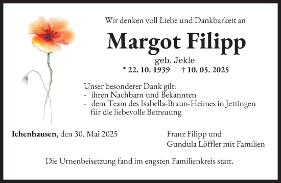 Traueranzeige von Margot Filipp von Günzburger Zeitung
