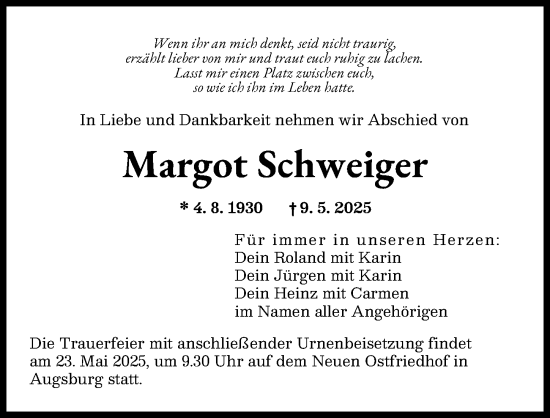 Traueranzeige von Margot Schweiger von Augsburger Allgemeine