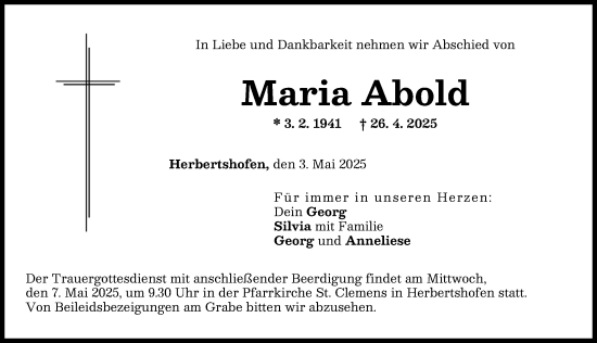 Traueranzeige von Maria Abold von Augsburg-Land