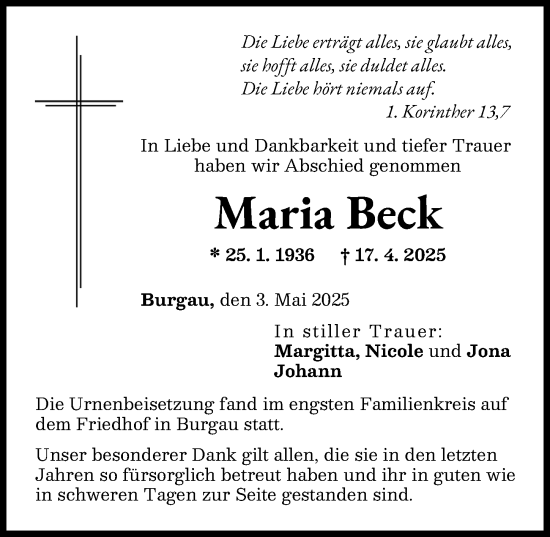 Traueranzeige von Maria Beck von Günzburger Zeitung