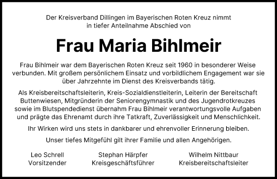 Traueranzeige von Maria Bihlmeir von Wertinger Zeitung, Donau Zeitung