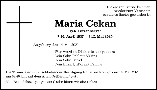 Traueranzeige von Maria Cekan von Mindelheimer Zeitung, Augsburger Allgemeine