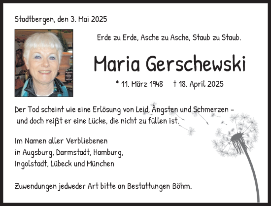 Traueranzeige von Maria Gerschewski von Augsburger Allgemeine