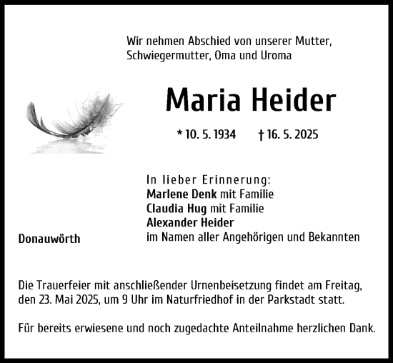Traueranzeige von Maria Heider von Donauwörther Zeitung