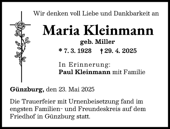 Traueranzeige von Maria Kleinmann von Günzburger Zeitung