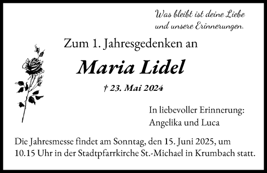 Traueranzeige von Maria Lidel von Mittelschwäbische Nachrichten