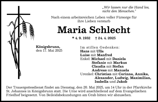 Traueranzeige von Maria Schlecht von Schwabmünchner Allgemeine
