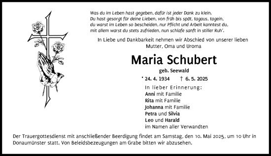 Traueranzeige von Maria Schubert von Donauwörther Zeitung