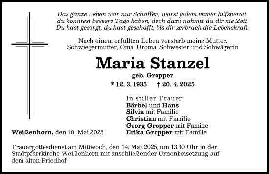 Traueranzeige von Maria Stanzel von Neu-Ulmer Zeitung