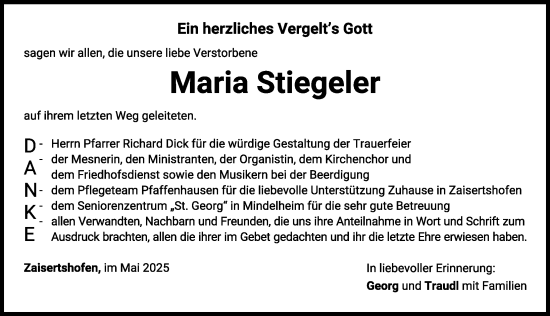 Traueranzeige von Maria Stiegeler von Mindelheimer Zeitung