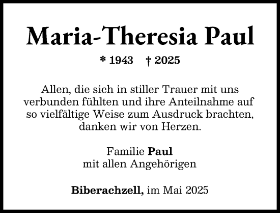 Traueranzeige von Maria-Theresia Paul von Neu-Ulmer Zeitung