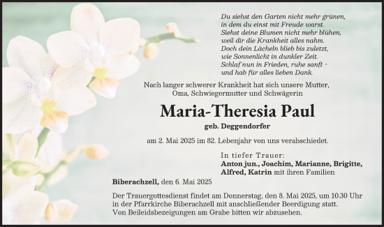 Traueranzeige von Maria-Theresia Paul von Neu-Ulmer Zeitung