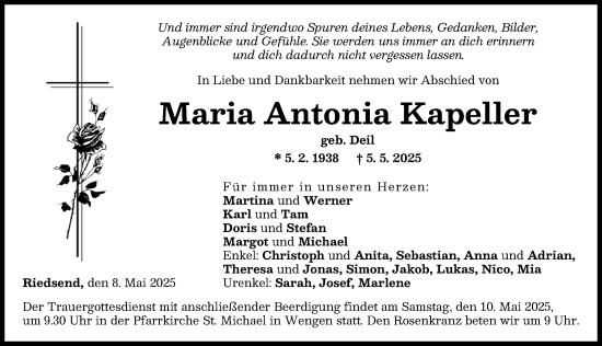 Traueranzeige von Maria Antonia Kapeller von Wertinger Zeitung, Donau Zeitung