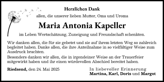 Traueranzeige von Maria Antonia Kapeller von Donau Zeitung, Wertinger Zeitung