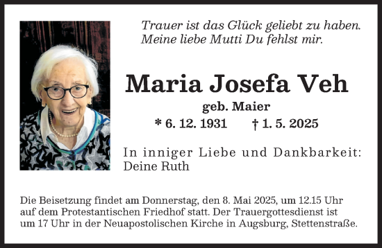 Traueranzeige von Maria Josefa Veh von Augsburger Allgemeine