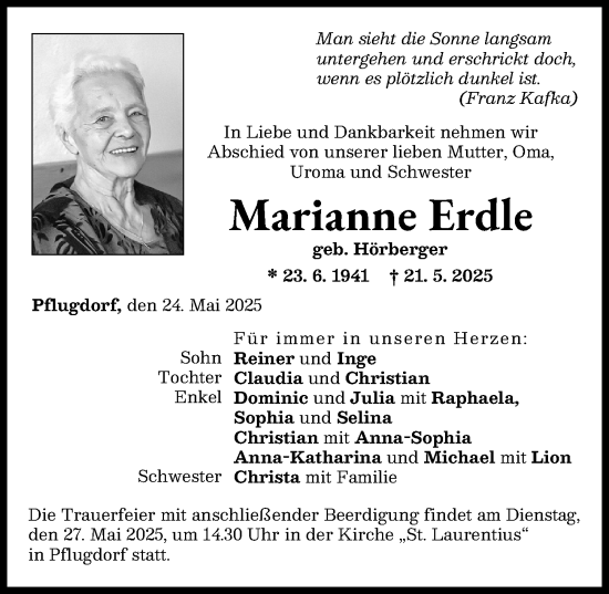 Traueranzeige von Marianne Erdle von Landsberger Tagblatt