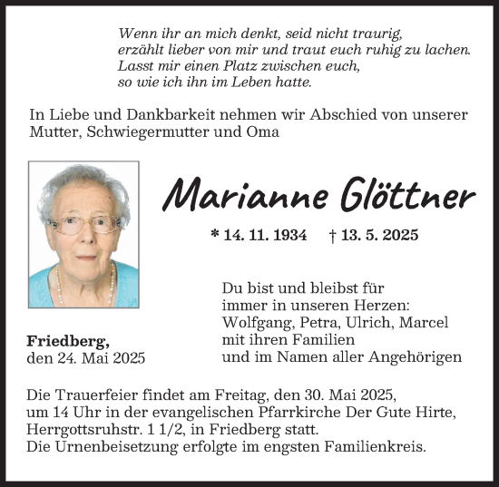 Traueranzeige von Marianne Glöttner von Augsburger Allgemeine