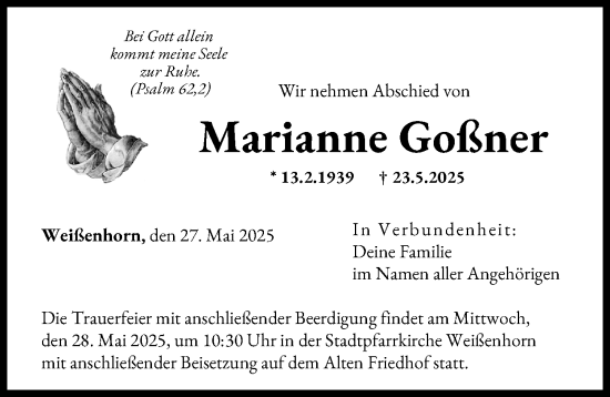 Traueranzeige von Marianne Goßner von Neu-Ulmer Zeitung