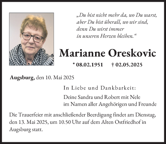 Traueranzeige von Marianne Oreskovic von Augsburger Allgemeine
