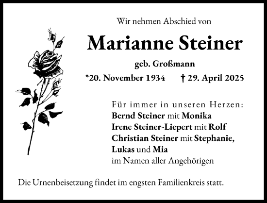 Traueranzeige von Marianne Steiner von Augsburger Allgemeine