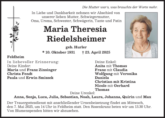 Traueranzeige von Maria Theresia Riedelsheimer von Donauwörther Zeitung