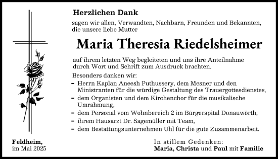 Traueranzeige von Maria Theresia Riedelsheimer von Donauwörther Zeitung