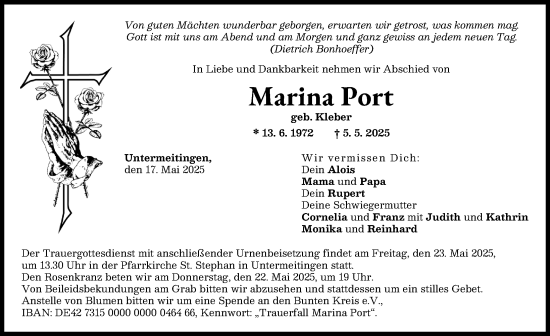 Traueranzeige von Marina Port von Schwabmünchner Allgemeine