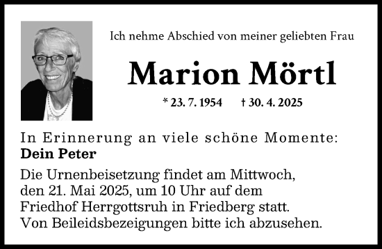 Traueranzeige von Marion Mörtl von Friedberger Allgemeine