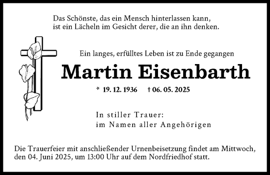 Traueranzeige von Martin Eisenbarth von Augsburger Allgemeine