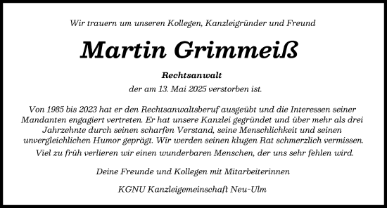 Traueranzeige von Martin Grimmeiß von Neu-Ulmer Zeitung
