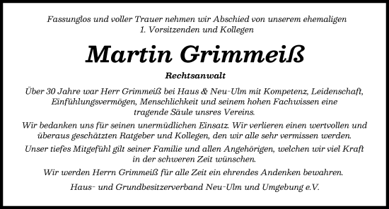 Traueranzeige von Martin Grimmeiß von Neu-Ulmer Zeitung