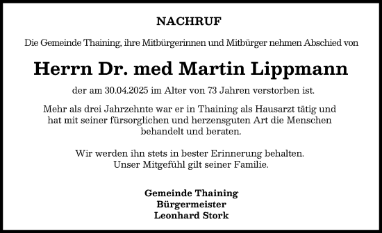 Traueranzeige von Martin Lippmann von Landsberger Tagblatt