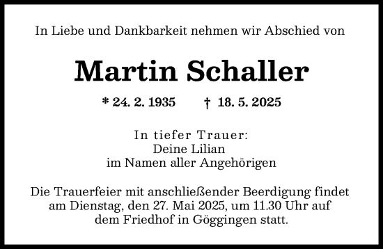 Traueranzeige von Martin Schaller von Augsburger Allgemeine