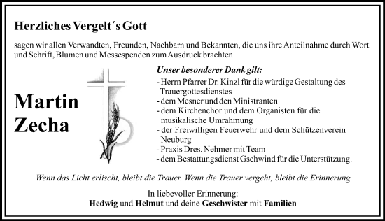 Traueranzeige von Martin Zecha von Mittelschwäbische Nachrichten