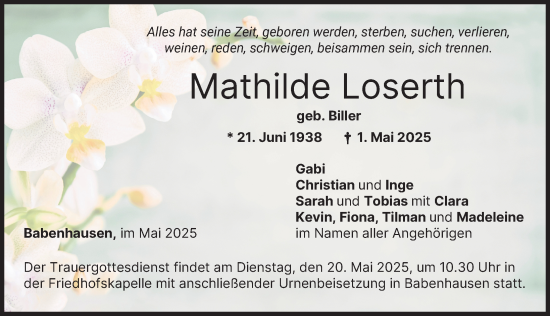 Traueranzeige von Mathilde Loserth von Illertisser Zeitung