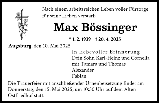 Traueranzeige von Max Bössinger von Augsburger Allgemeine