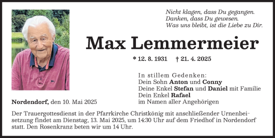 Traueranzeige von Max Lemmermeier von Augsburg-Land