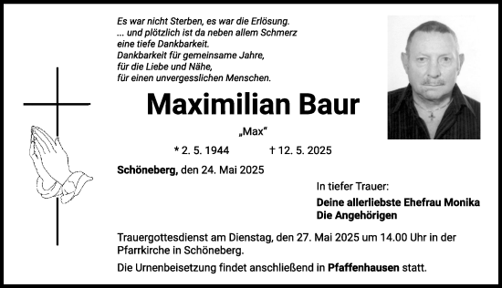 Traueranzeige von Maximilian Baur von Mindelheimer Zeitung