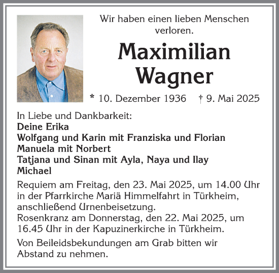 Traueranzeige von Maximilian Wagner von Mindelheimer Zeitung