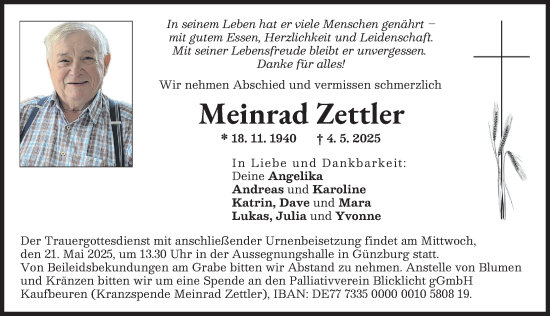 Traueranzeige von Meinrad Zettler von Günzburger Zeitung, Augsburger Allgemeine