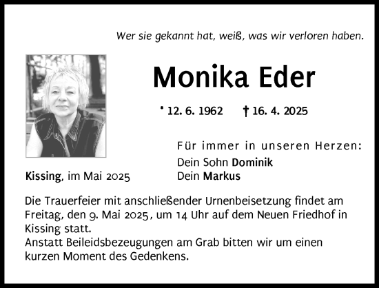 Traueranzeige von Monika Eder von Friedberger Allgemeine